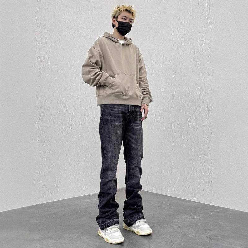 American Street Vibe Washed Distressed Black-Blue Straight-Leg Slightly Flared Ink-Splattered Clean Jeans