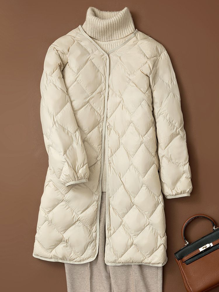 Nuevo otoño y invierno plumón chaqueta de mujer ligera media larga V-cuello redondo cuello interior de la chaqueta de abrigo