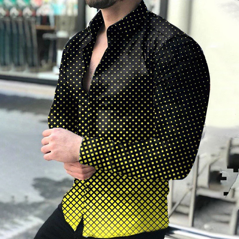 2025 Export European and American New Spring & Fall Men's Long-Sleeved Polka Dot Printed Shirt Large Size Top Gradient Color Shirt for Men