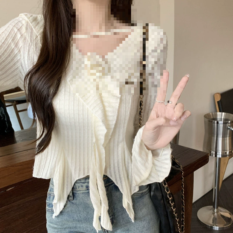 K4H реальный снимок в наличии, ранняя весна, новая элегантная кружевная рубашка с v-образным вырезом и рюшами в стерео-розе, асимметричные рукава-колокольчики