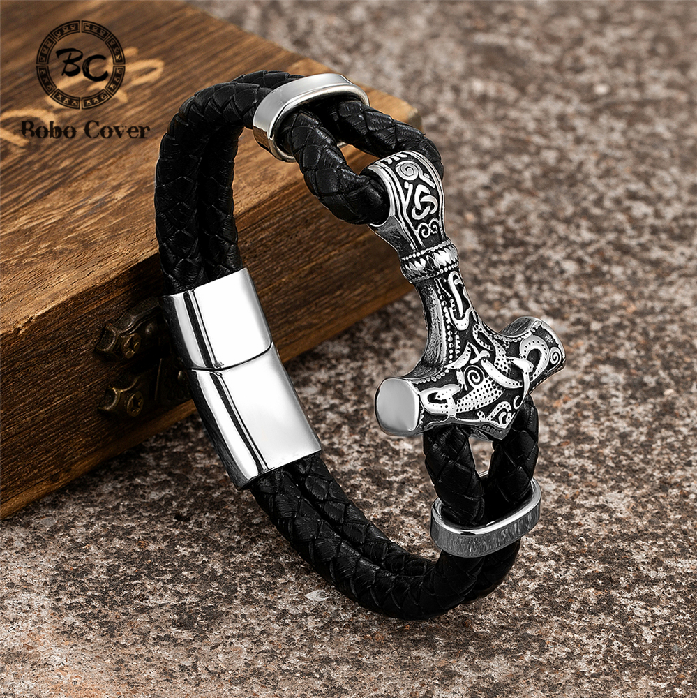 Vintage Viking Thor's Hammer Leather Bracelet Mens Nordic