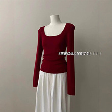 法式方领针织打底衫女2025新款秋冬季洋气大衣内搭高级感修身上衣