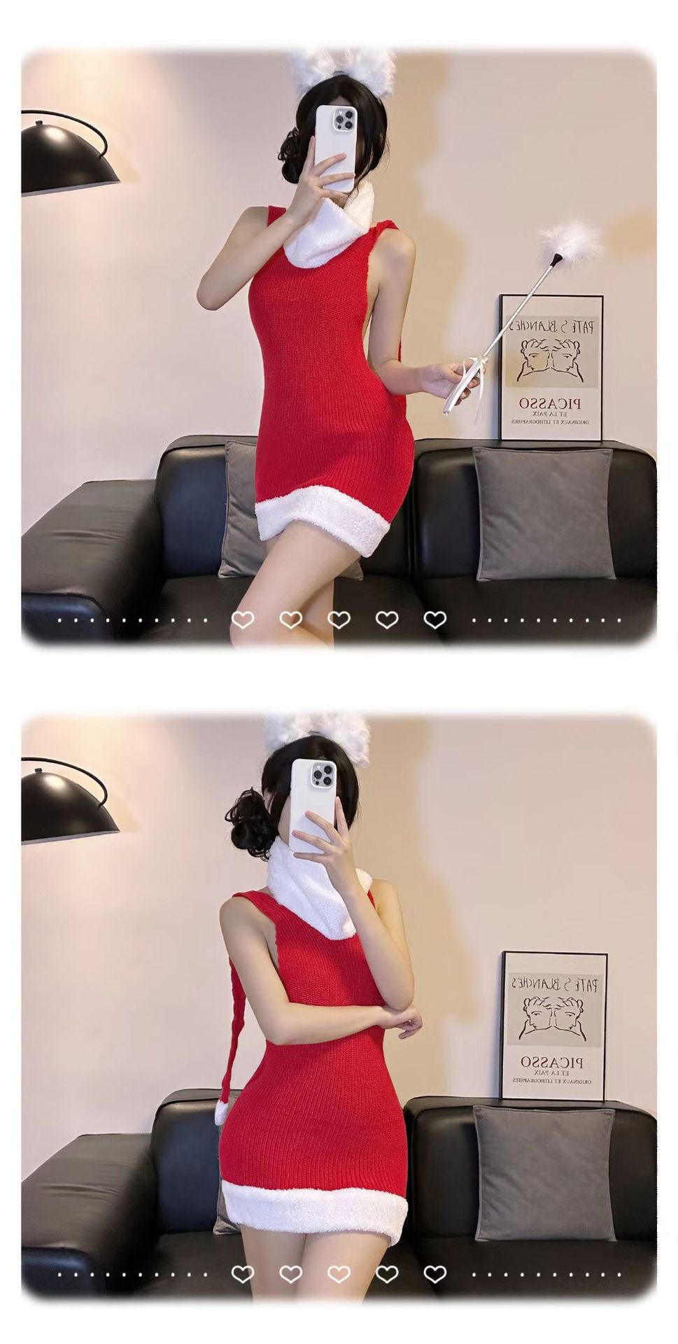 Red Christmas Cosplay Dress Set with Sweater, White Stockings and Bunny Ears — detail image 2