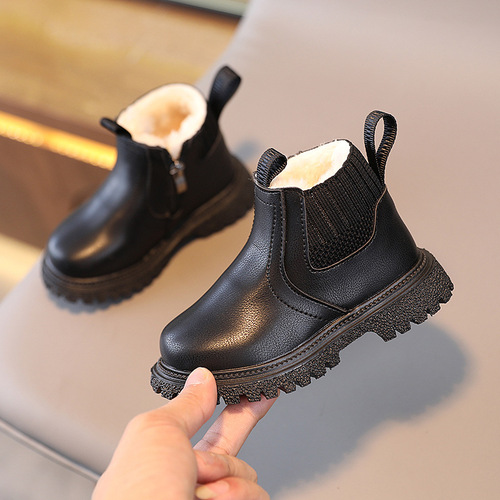 Winter Fleece Children's Fashion British Short Boots Boys' Side Zipper Fashion Martin Boots Girls' Soft Bottom Fashion Boots 