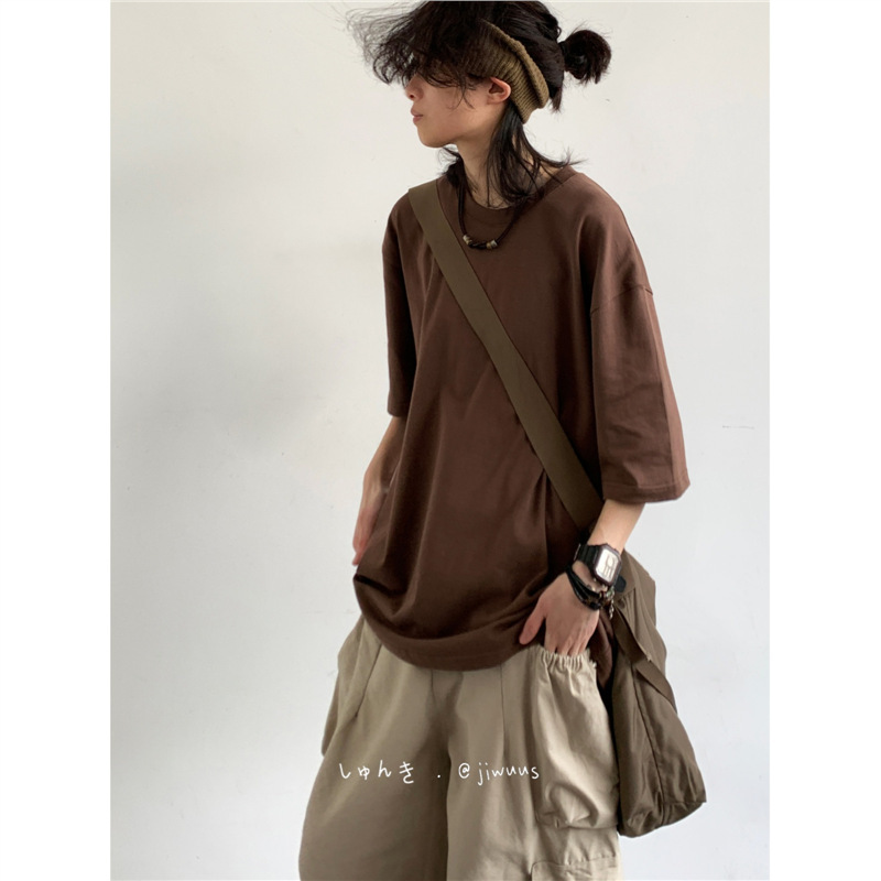 Summer Pure Basic Off-Shoulder Sleeve T-Shirt Pure Color Japanese Style Retro Loose 260g Heavy Short-Sleeved T-Shirt Summer Pure Basic Off-Shoulder Sleeve T-Shirt Pure Color Japanese Style Retro Loose 260g Heavy Short-Sleeved T-Shirt