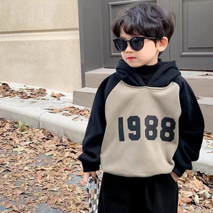 Cross-Border Ins Popular Kidsren's Clothing [One-Piece Velvet] Color-Blocked Thickeneded Kidsren's Suit Winter Hooded Sweatshirt Two