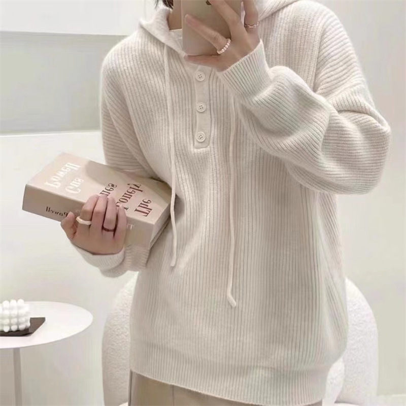 Suéter de mujer invierno / otoño abrigo temperamento de alto nivel japonés / coreano relajado chaqueta de viento con correa de correa variada camisa de punto con capuz image 7