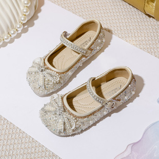 Girls' Korean-style Crystal Princess Shoes 2024 Spring and Autumn New Single Shoes Sequin Soft-soled Baby Rinse Shoes Performance Leather Shoes