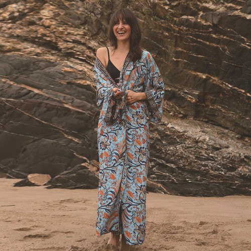 New European and American vacation beach coat, rayon printed sunscreen cardigan, vacation bikini overshirt