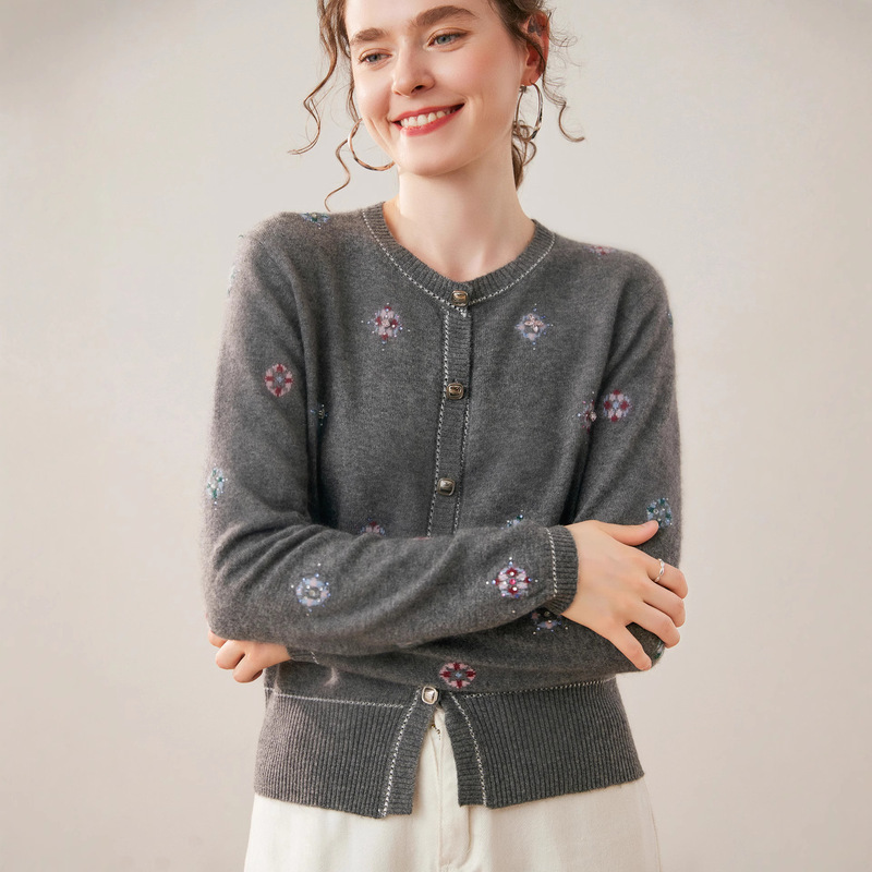 Diamond-Encrusted Cashmere Cardigan, Feminine, Versatile and Lightweight Wool Jacket, 2025 Autumn and Winter New Round Neck Light Blue Sweater