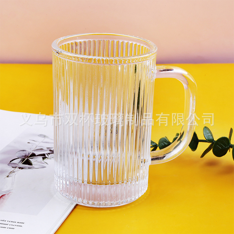 日式简约竖纹手把杯加厚玻璃杯家用水杯冰拿铁咖啡杯茶杯啤酒
