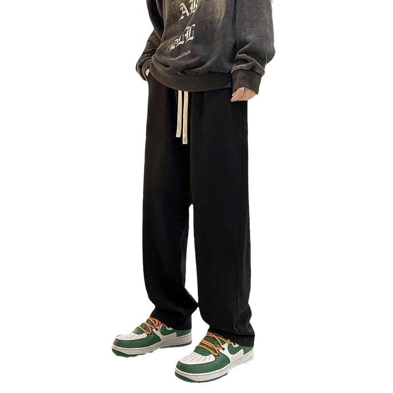 American Style High Street Vintage fleece-lined Yellow Mud Jeans Men's Trousers Loose Student's Straight Pants Trendy Brand Boys' Pants
