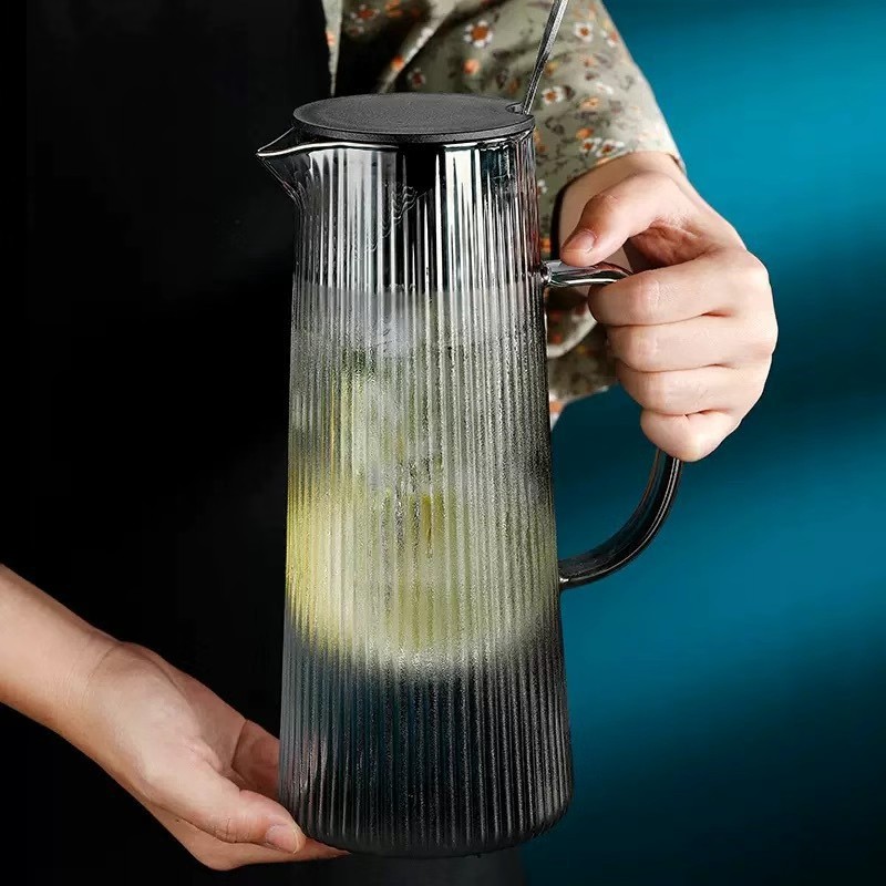 Botella de agua fría vertical japonesa, tetera de vidrio de alto silicio de silicio, tetera de agua fría doméstica de gran capacidad, tetera de jugo de té, conjunto de tazas de agua