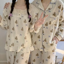韩国ins女士春秋新品韩系少女减龄甜美卡通花边睡衣套装家居服女