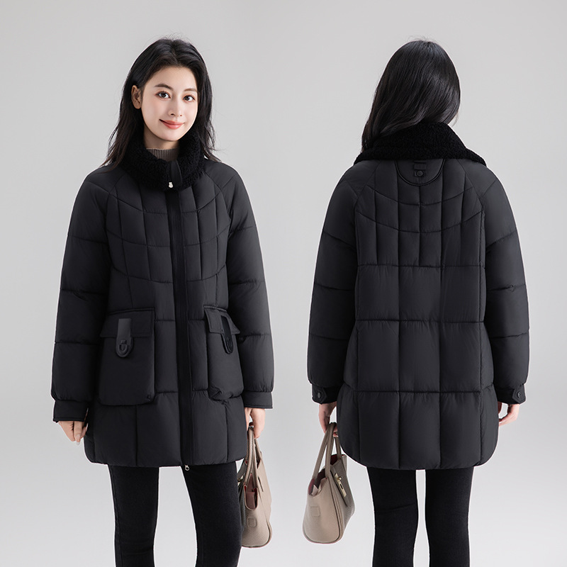 2025 invierno nuevo cuello suelto de costura media larga gran bolsillo delgado estilo coreano chaqueta de algodón de alta calidad