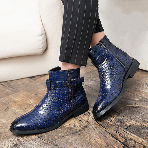 Large size pointed-toe men's autumn/winter leather boots with crocodile pattern short boots trendy leather shoes