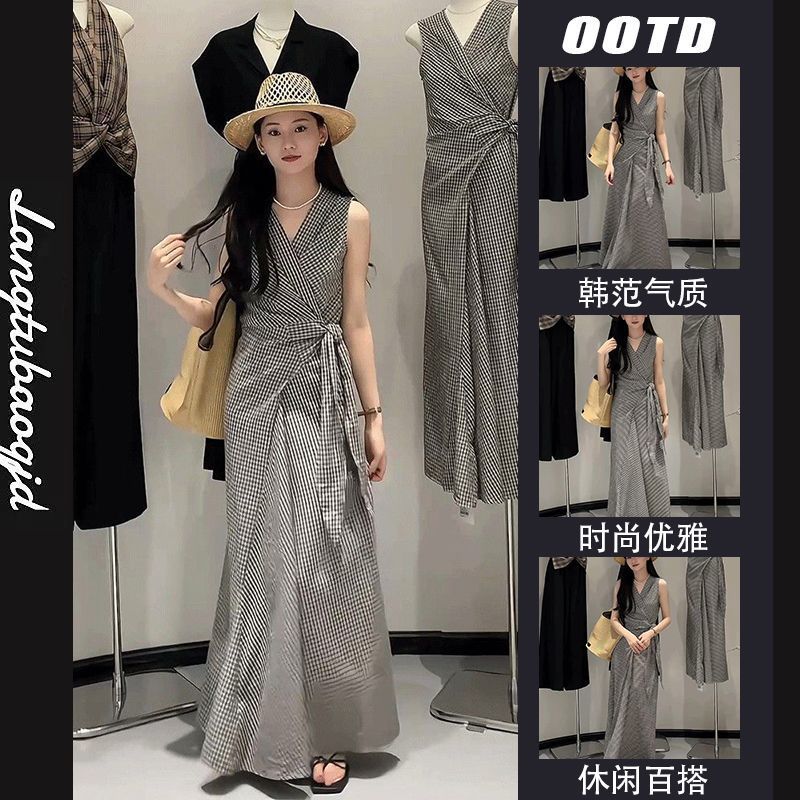 法式气质复古感V领无袖连衣裙女夏季绑带收腰设计感小众长裙