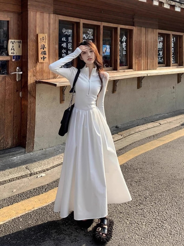 法式气质立领长袖拼接连衣裙女秋季收腰显瘦大摆裙气质A字长裙子|undefined