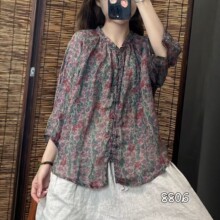 2026夏季新款苎麻衬衫女新中式中国风文艺复古印花盘扣小衫上衣