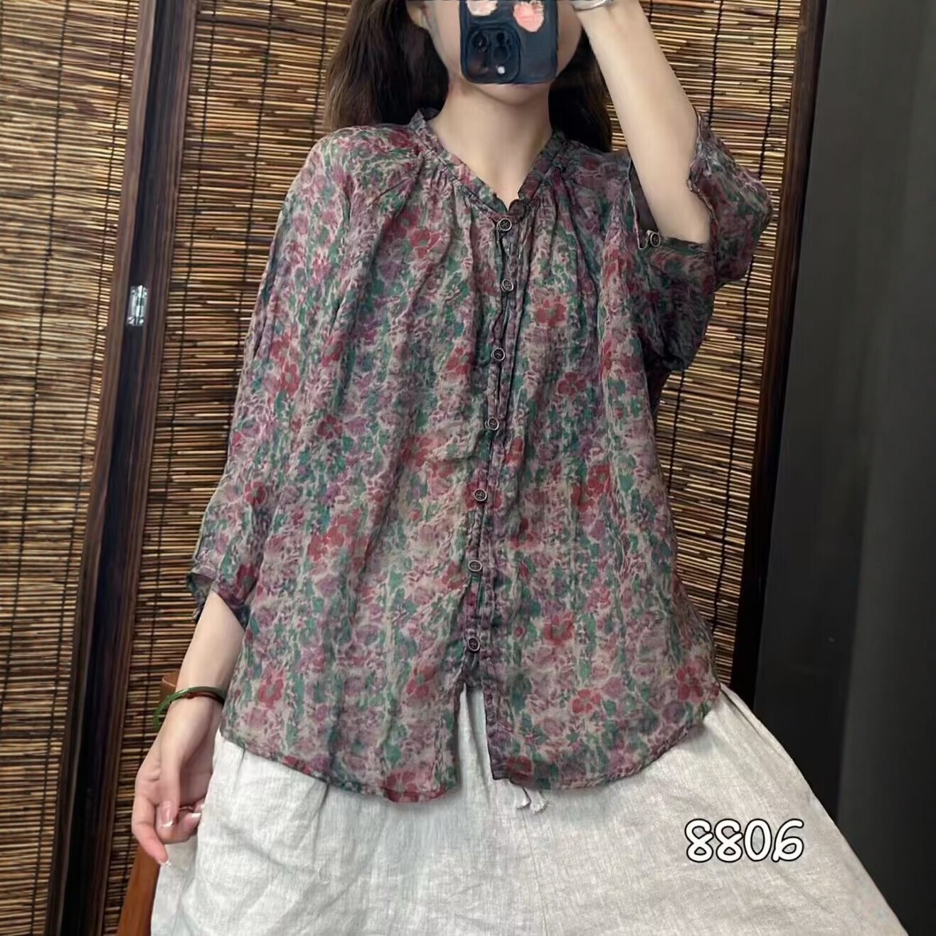 2026夏季新款苎麻衬衫女新中式中国风文艺复古印花盘扣小衫上衣