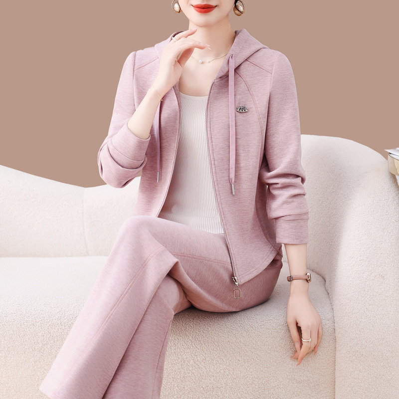 休闲运动套装女春秋2025新款时尚洋气妈妈显瘦连帽卫衣外套两件套|undefined