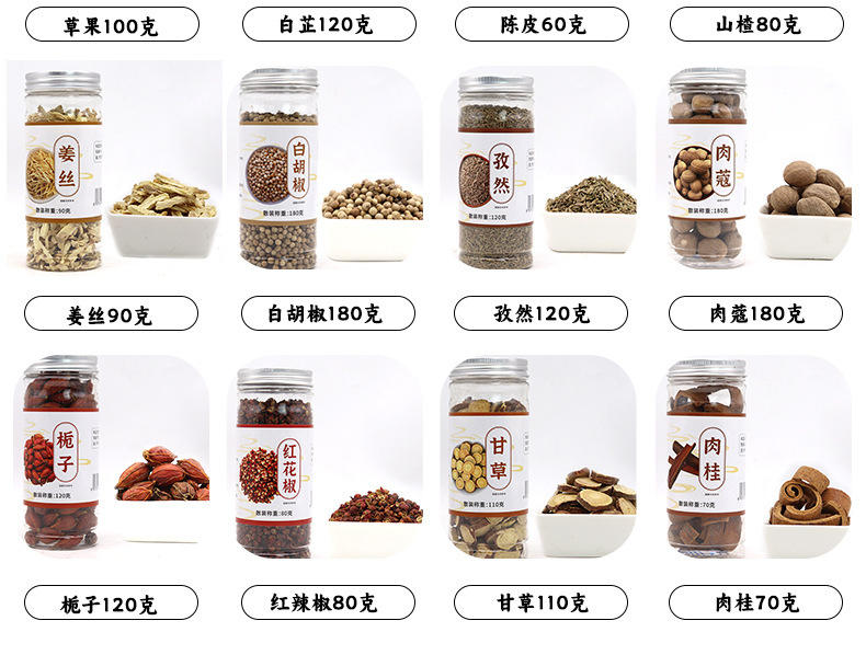 Chinese Spice Set with Star Anise Cassia Bay Leaf Fennel Sichuan Pepper Bai Zhi and Cao Guo 90g Dried Culinary Herbs preparation