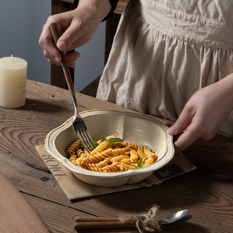 Japanese Ceramic Tableware Handmade Hand-Kneaded Stoneware Pear Blossom Dinner Plate Dessert Plate Creative Breakfast Plate Home Dish Plate Rice Plate