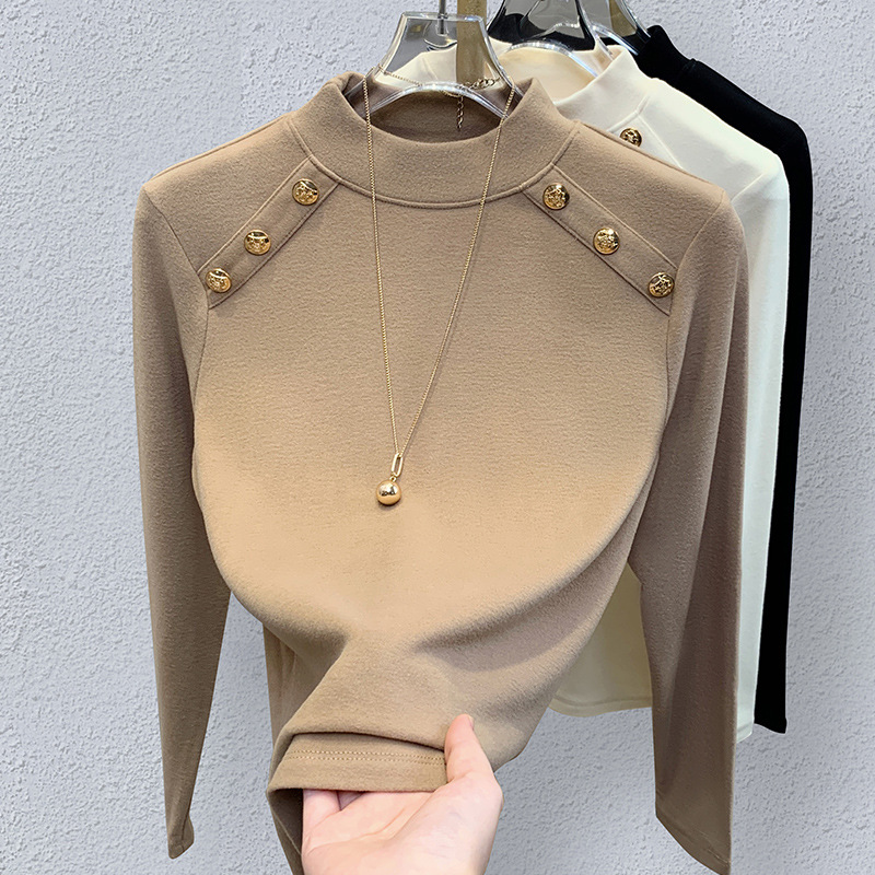 Camisa de fondo de terciopelo alemán con cuello medio alto para mujer 2024 nuevo estilo de otoño e invierno que se puede usar en el exterior, top de diseño de estilo occidental delgado image 6
