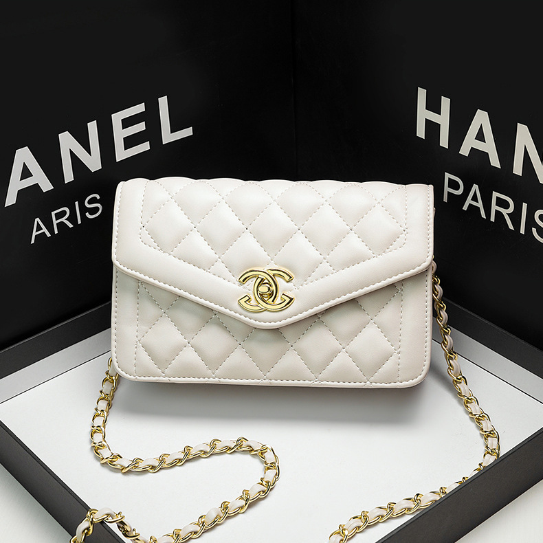 Bolso de Hombro de Cadena de Cuero Genuino Nuevo Otoño 2024, Estilo Versátil de Celebridad de Internet, Inspirado en Chanel, con Cuentas Doradas Acolchadas, Bolso de Mujer