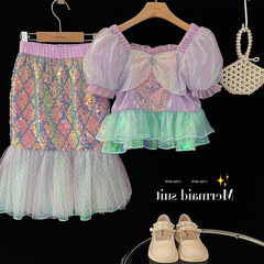 Little Mermaid Costume 2024 Children's Bubble Sleeve Short Sleeve Summer Dress for Girls and Big Kids Mermaid Beaded Half Set Trendy