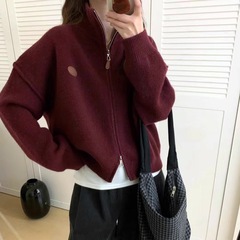 休闲立领双拉链针织开衫外套秋冬新款时尚百搭慵懒风纯色毛衣上衣
