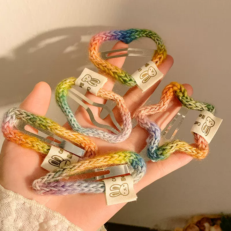 新款马卡龙色系毛线编织手工发夹可爱爱心星星百搭出片刘海夹发饰