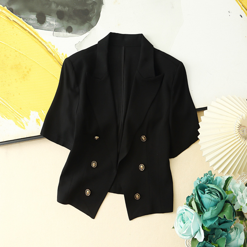 High-End Acetate Blazer for Women, Summer Black Matte Suit Collar, Unique Design, Short Blazer Jacket
