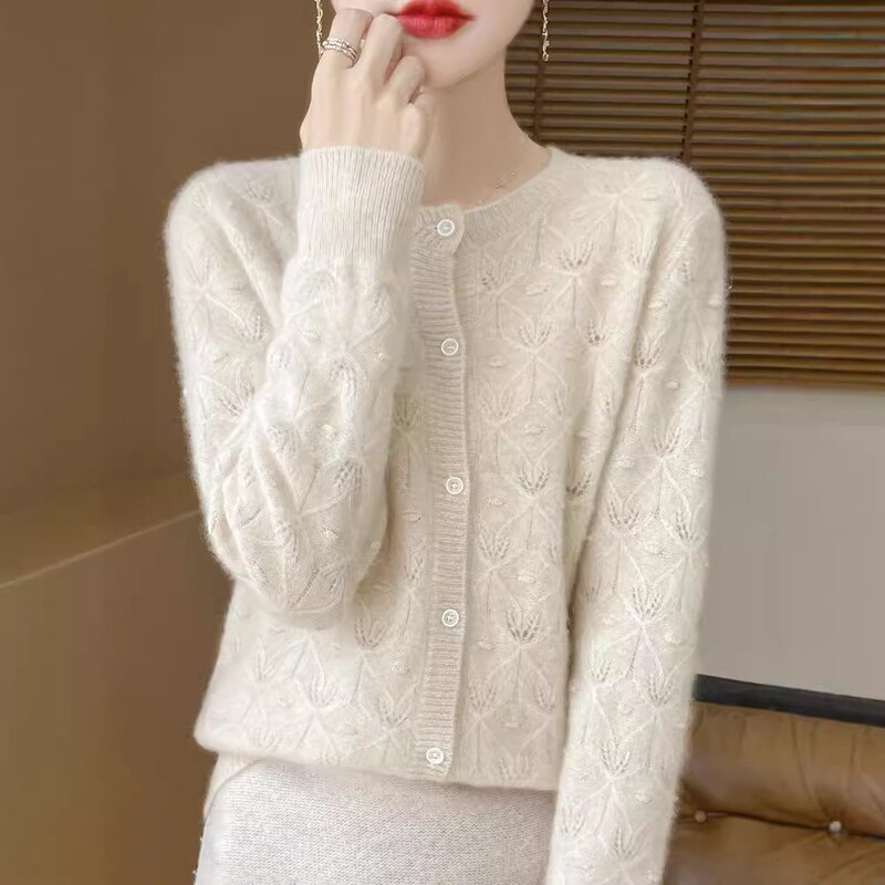 New Spring and Autumn Hollow-out Wool Cardigan Jacket Women's Elegant Round Neck Outer Knitted 100 Wool Sweater Top for Women