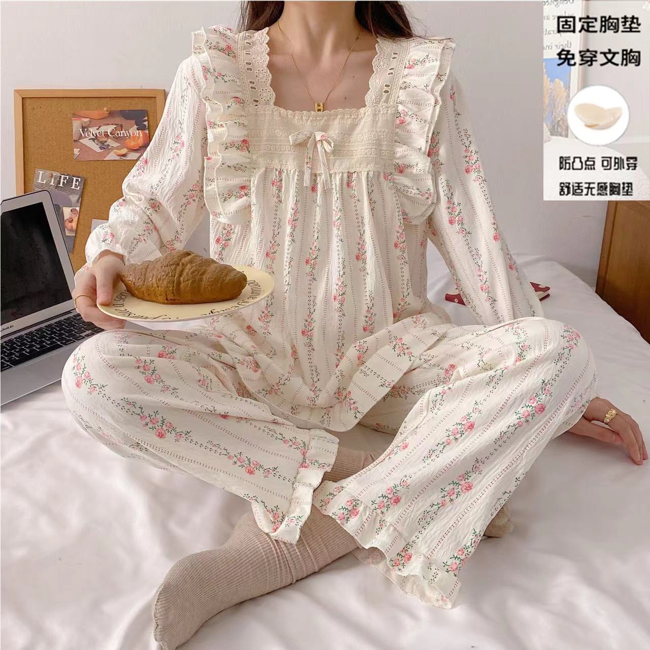 우유 거의 봄과 가을 긴팔 잠옷 여성 가슴 패드 안티 범프 구름 면화 공주 스타일의 가정 옷 세트