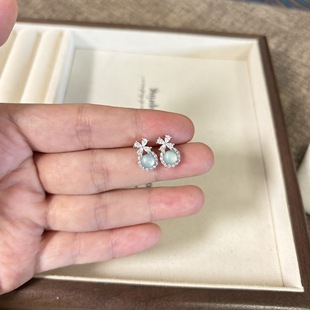 Natural jadeite dangerous material blue water earrings S925 sterling silver fashion simple small fresh earrings jade accessories four meeting