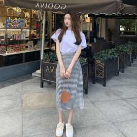 可爱减龄格子半身裙女夏季新款复古高腰包臀裙气质显瘦开叉裙子夏