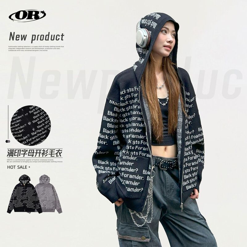 Oreeta丨American Retro Letter Printed Knitted Cardigan for Men and Women, Trendy Brand High Street Design Sweater Jacket
