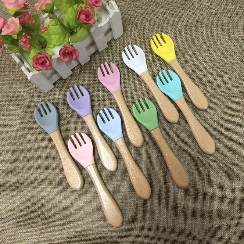 Hot Sale Children's Silicone Fork Spoon Baby Food Supplement Spoon Wooden Handle Spoon Fork Eating Training Baby Tableware Fork Spoon Set
