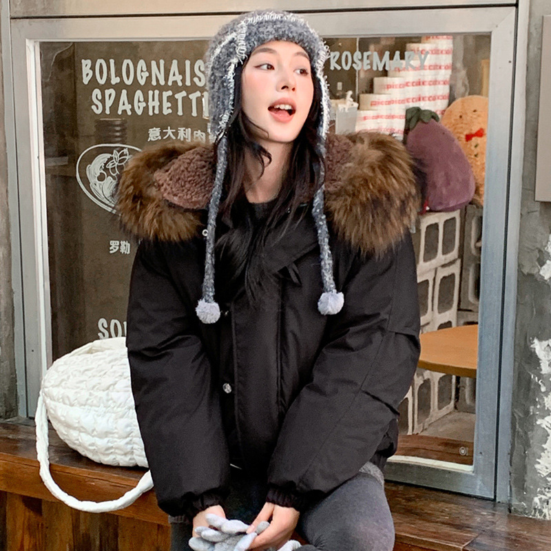 Europa y los Estados Unidos 2025, invierno, ropa de algodón de cuello de lana, ropa de invierno para mujeres, abrazadera de cuerno caliente, chaqueta de algodón con capuchón, moda image 6