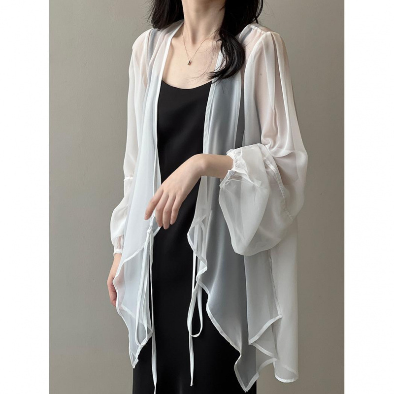 シフォン日焼け止めシャツ女性の夏薄いフレンチトップルーズ小さなカーディガンドレープショールジャケットブラウス|undefined