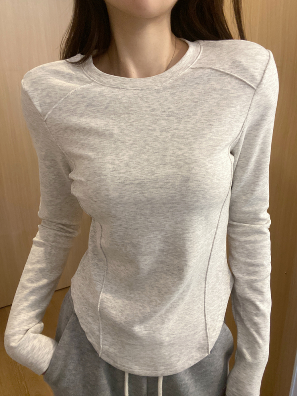 早秋长袖不规则t恤女奶白灰弧形下摆外穿打底衫纯欲修身圆领内搭|undefined
