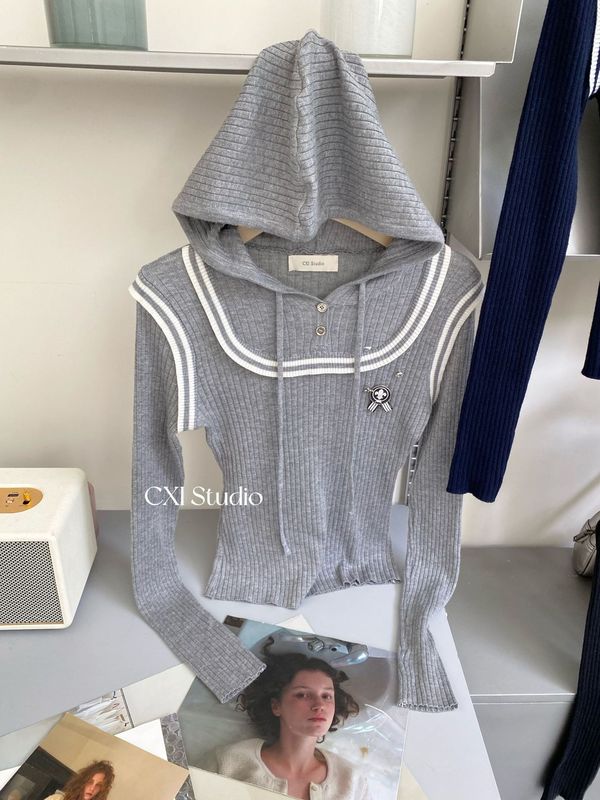CXI 学院风针织连帽衫女秋季新款修身叠穿假两件上衣美拉德撞色衫|undefined