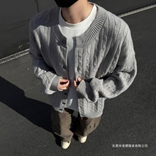 秋季新款男士圆领套头毛线衫加厚宽松青少年运动风罗口下摆针织衫