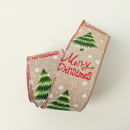 Cross-border hot selling imitation linen Christmas ribbon decoration red khaki bow snowflake ribbon Christmas decorations