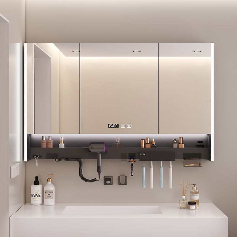 Smart Bathroom Mirror, Multifunctional Mirror Cabinet, Wall-Mounted Bathroom Shelf with Toothbrush Sterilization, Hair Dryer, and Integrated Ambiance Lighting