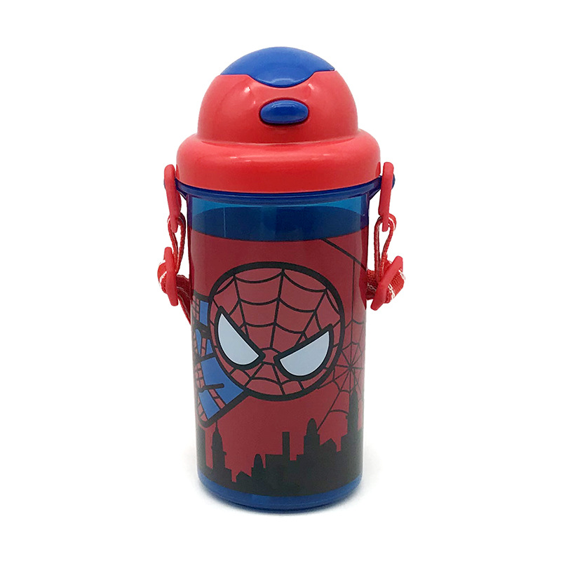 可爱卡通儿童塑料水壶蜘蛛侠图案带吸管弹盖500ml便携式水壶批发