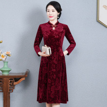 改良旗袍连衣裙女春秋新款妈妈装金丝绒连衣裙修身显瘦高档旗袍裙