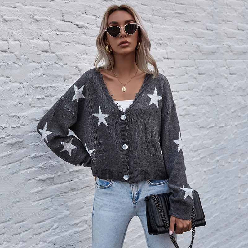 Five-pointed Star Knitted Jacquard Long-sleeved Short Sweater Cardigan_voghion.com