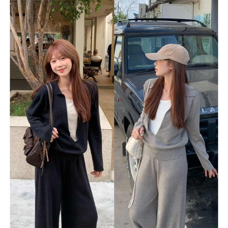7677早秋韩系假两件长袖针织衫套装秋季新款时尚洋气通勤两件套女|undefined